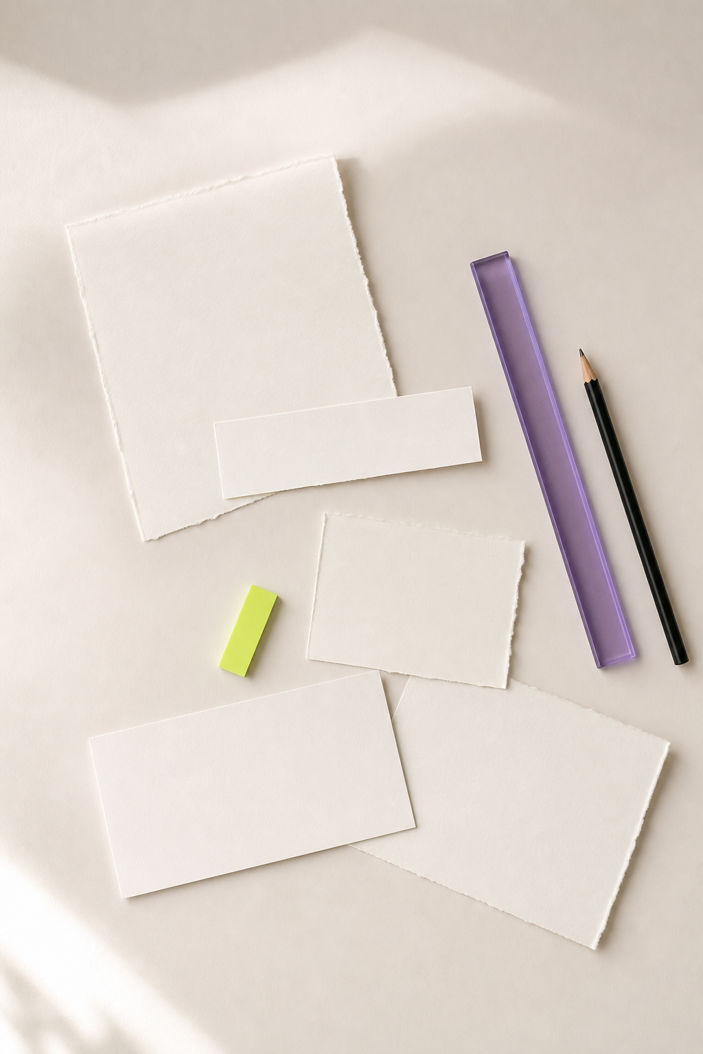 Blank editorial proof papers with a violet rule, pencil and chartreuse marker