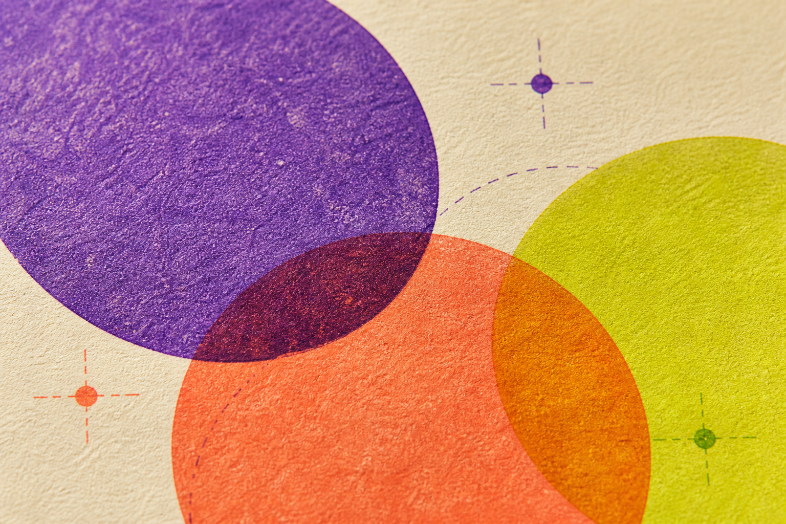 Overlapping violet, persimmon and chartreuse print fields